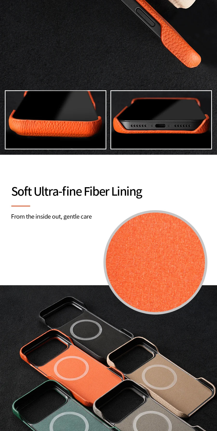 LANGSIDI – MagSafe läderskal i lyxigt kohud för iPhone 15–17-serien