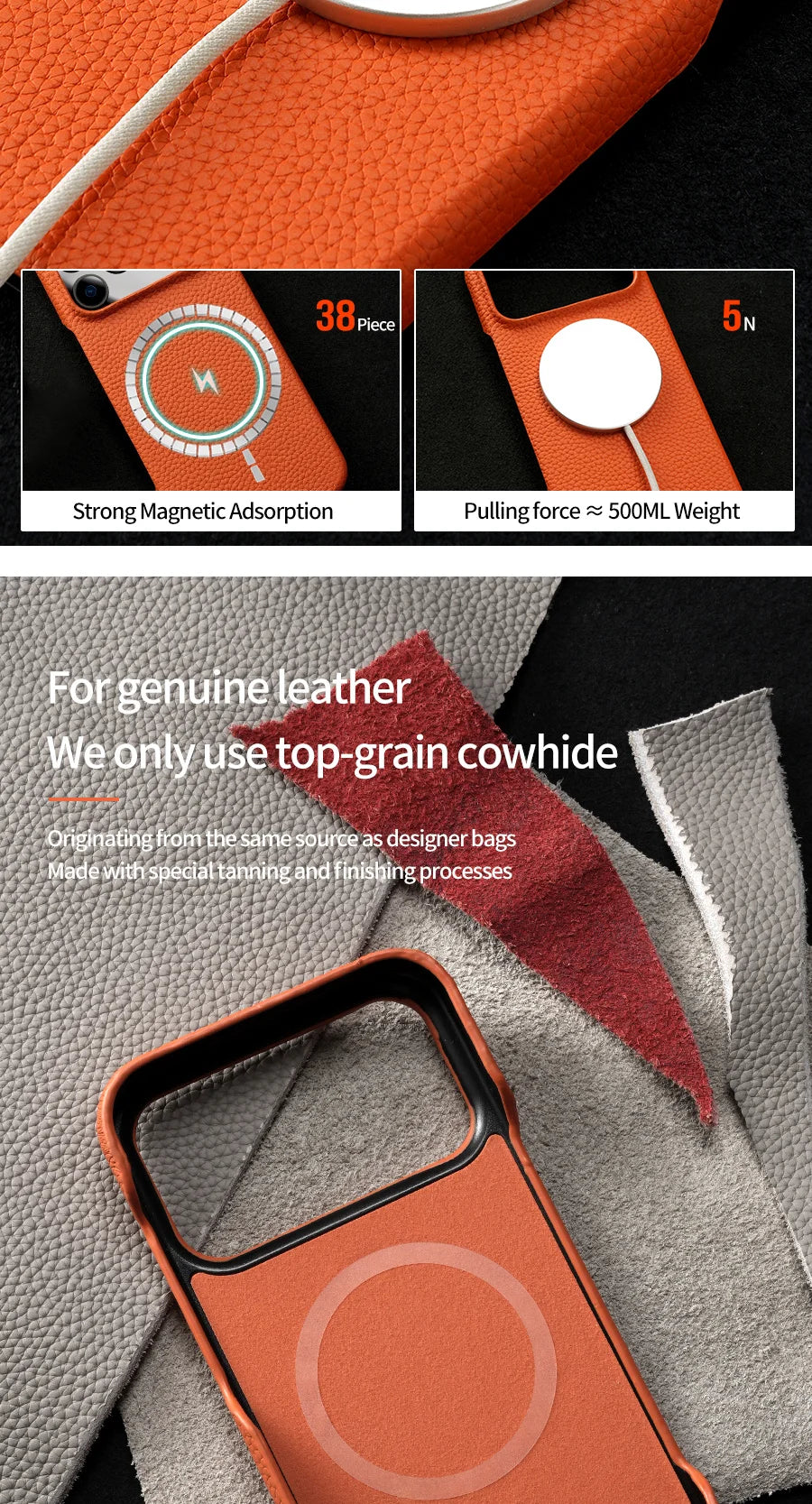 LANGSIDI – MagSafe läderskal i lyxigt kohud för iPhone 15–17-serien