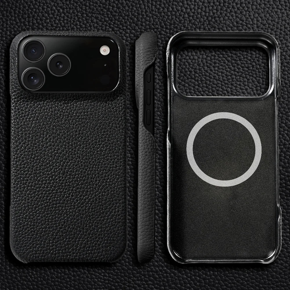 LANGSIDI – MagSafe läderskal i lyxigt kohud för iPhone 15–17-serien