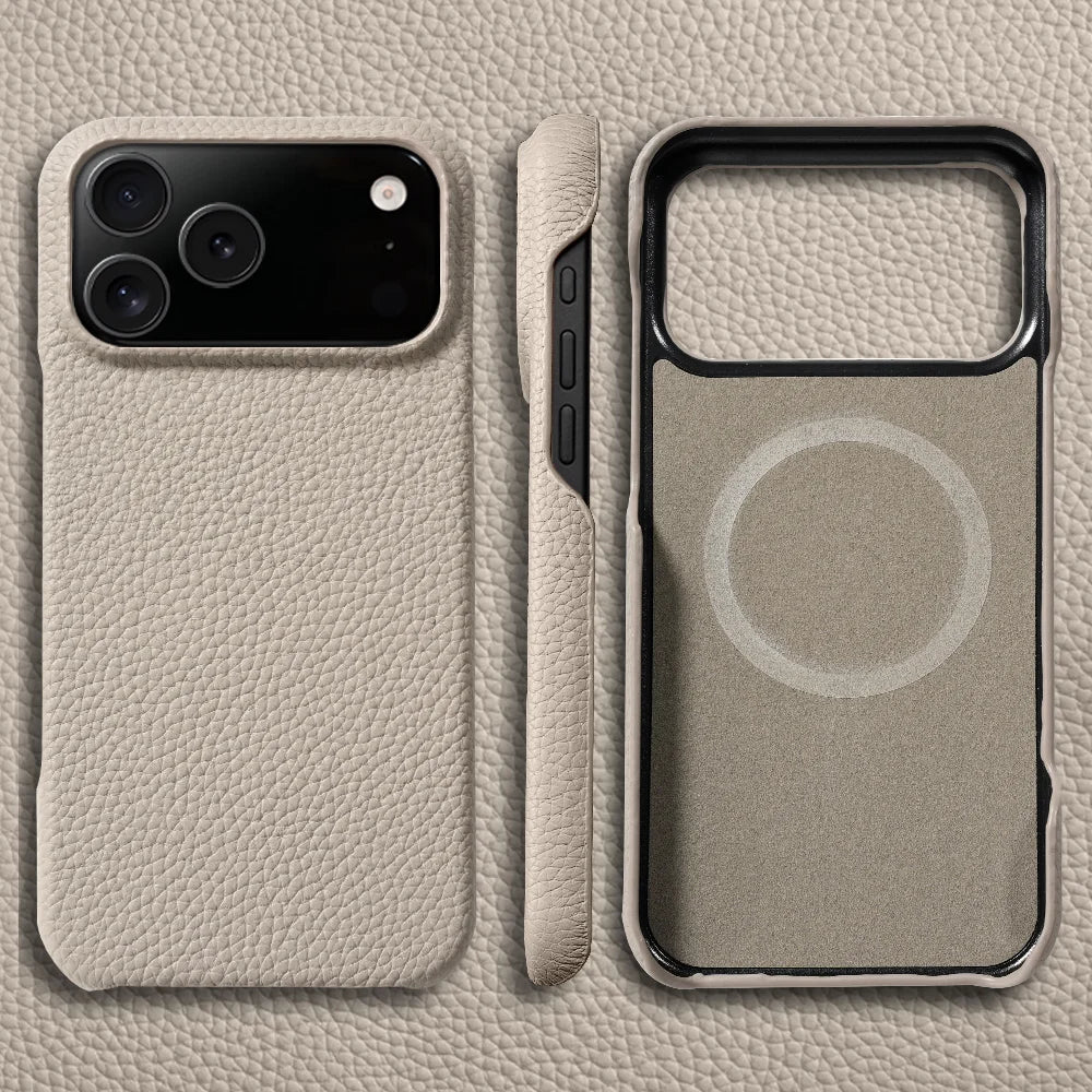 LANGSIDI – MagSafe läderskal i lyxigt kohud för iPhone 15–17-serien