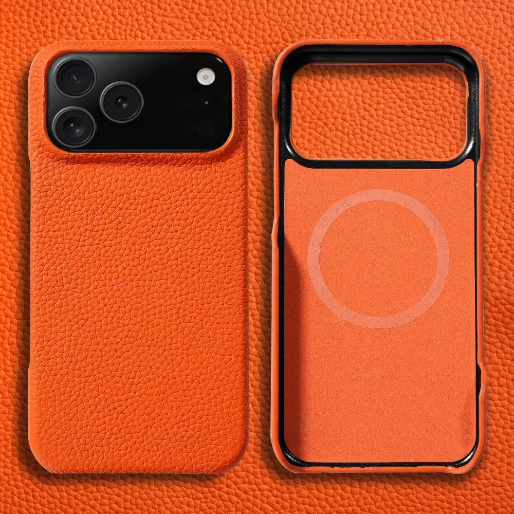 LANGSIDI – MagSafe läderskal i lyxigt kohud för iPhone 15–17-serien
