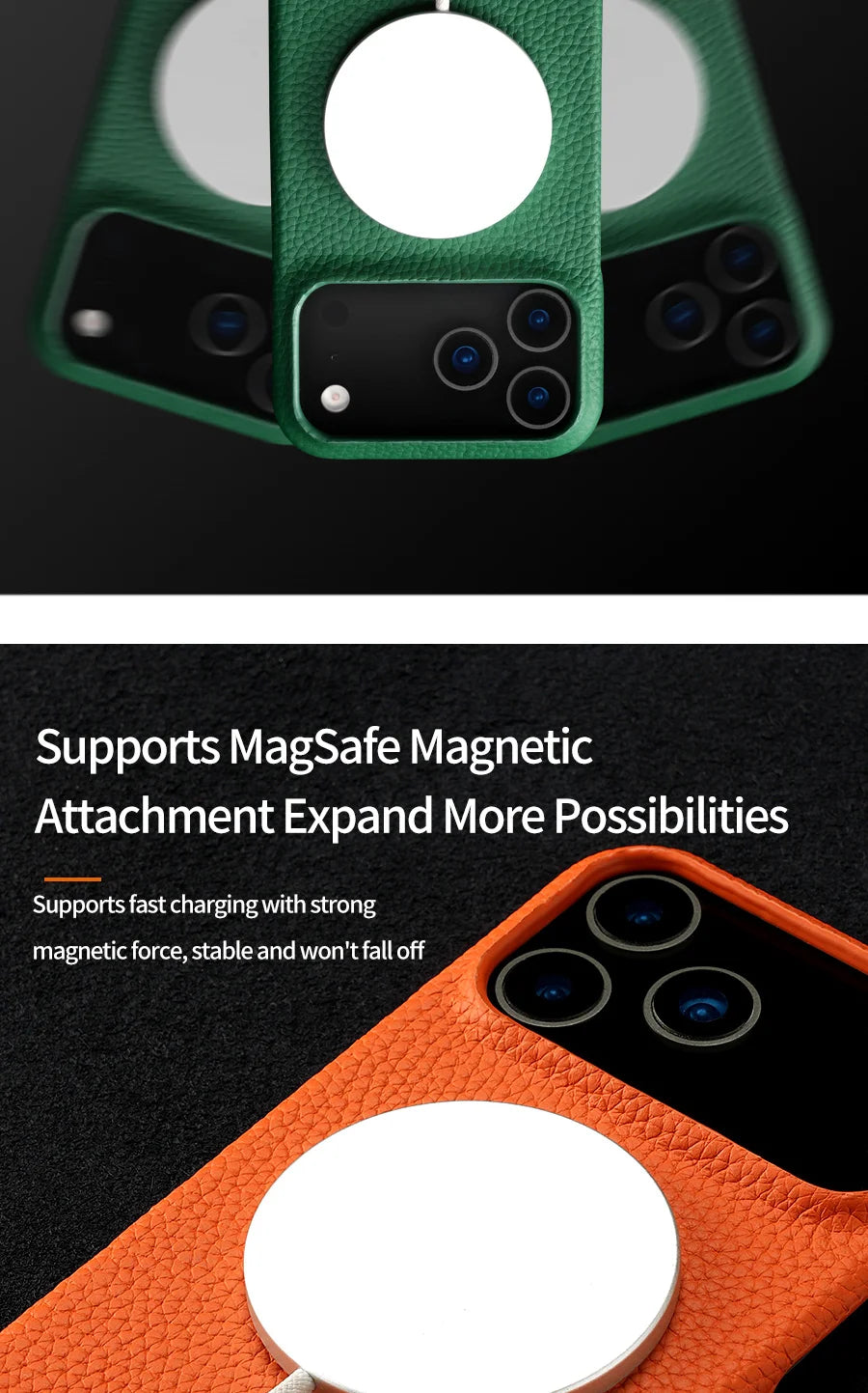 LANGSIDI – MagSafe läderskal i lyxigt kohud för iPhone 15–17-serien