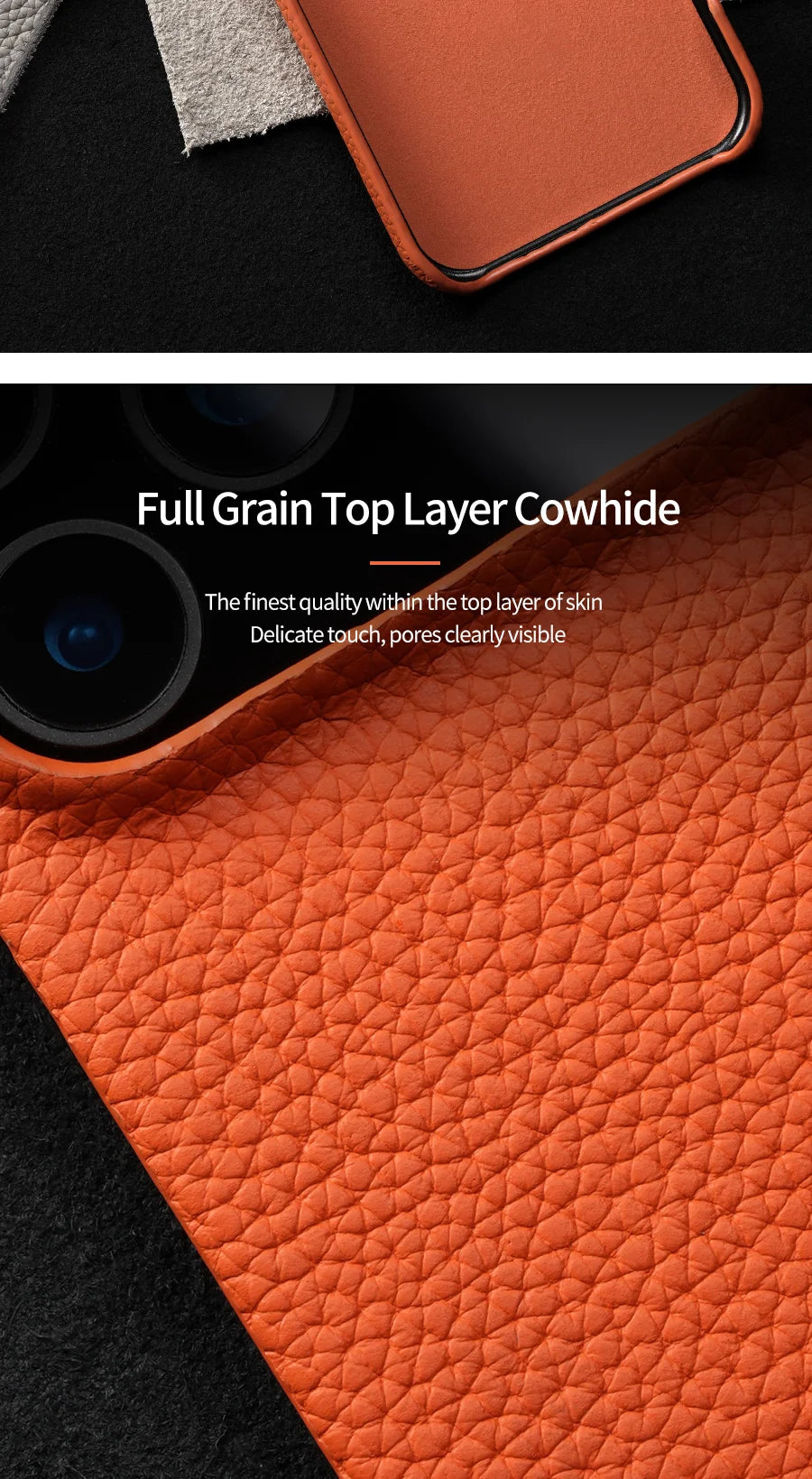 LANGSIDI – MagSafe läderskal i lyxigt kohud för iPhone 15–17-serien